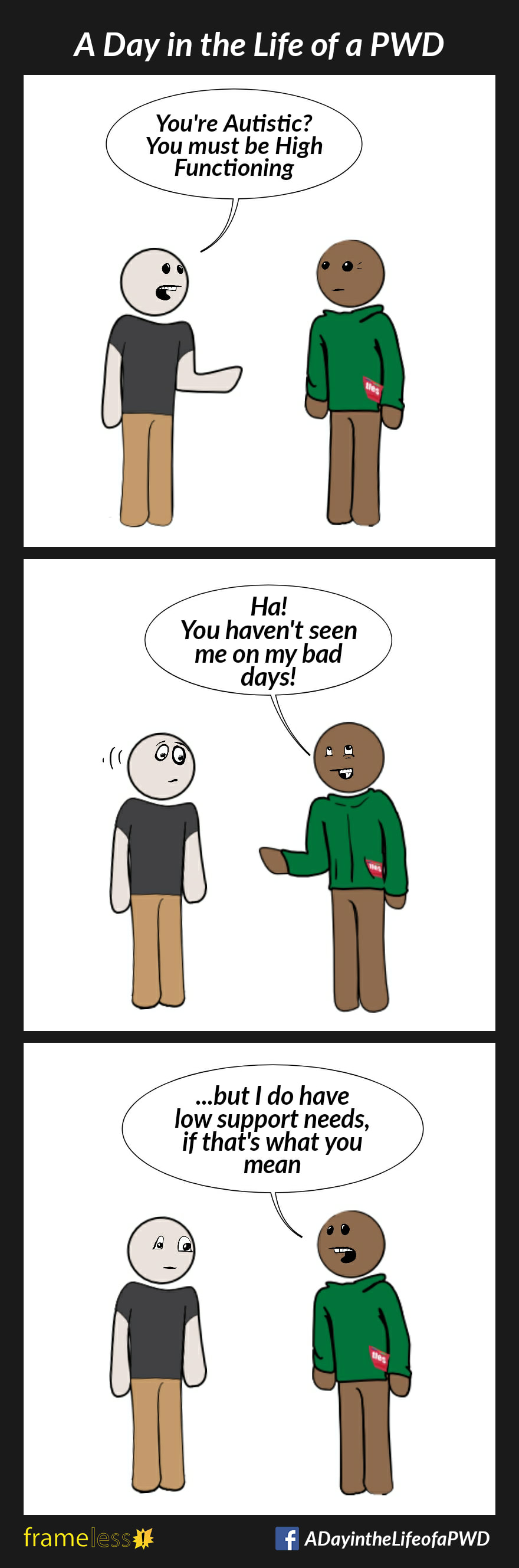 COMIC STRIP 
A Day in the Life of a PWD (Person With a Disability) 

Frame 1:
A man is talking with an acquaintance. 
ACQUAINTANCE: You're Autistic? You must be High Functioning

Frame 2: 
MAN: Ha! You haven't seen me on my bad days!

Frame 3:
MAN: ...but I do have low support needs, if that's what you mean